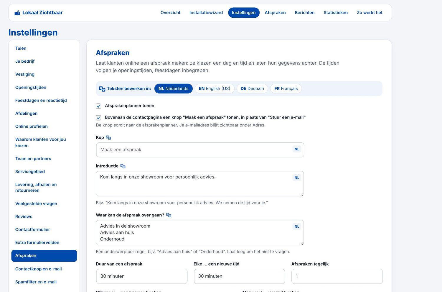 Instellingen van de afsprakenplanner