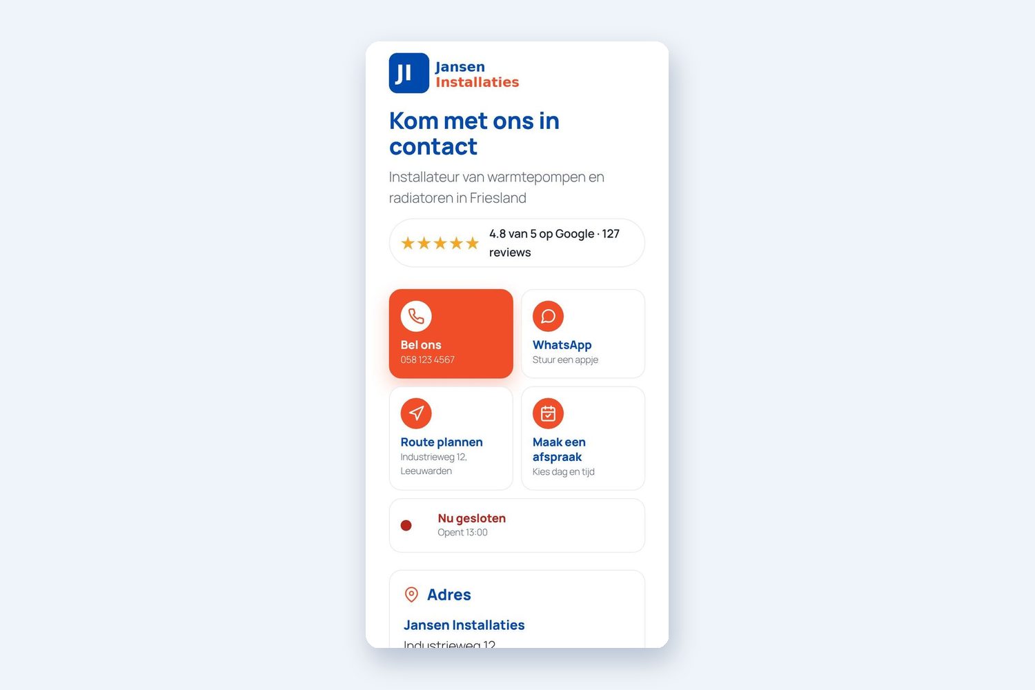 Op mobiel staan bellen, WhatsApp, route en afspraak maken meteen bovenaan