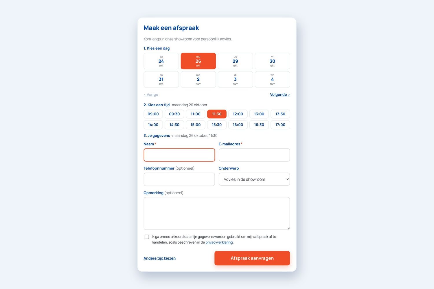 Afsprakenplanner: de klant kiest een dag, een tijd en vult zijn gegevens in