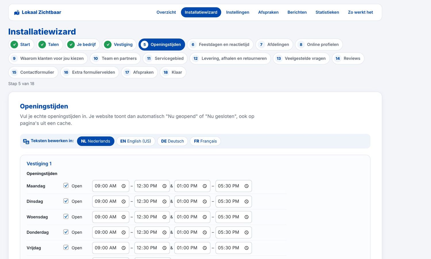 De installatiewizard neemt je stap voor stap mee, met teksten per taal