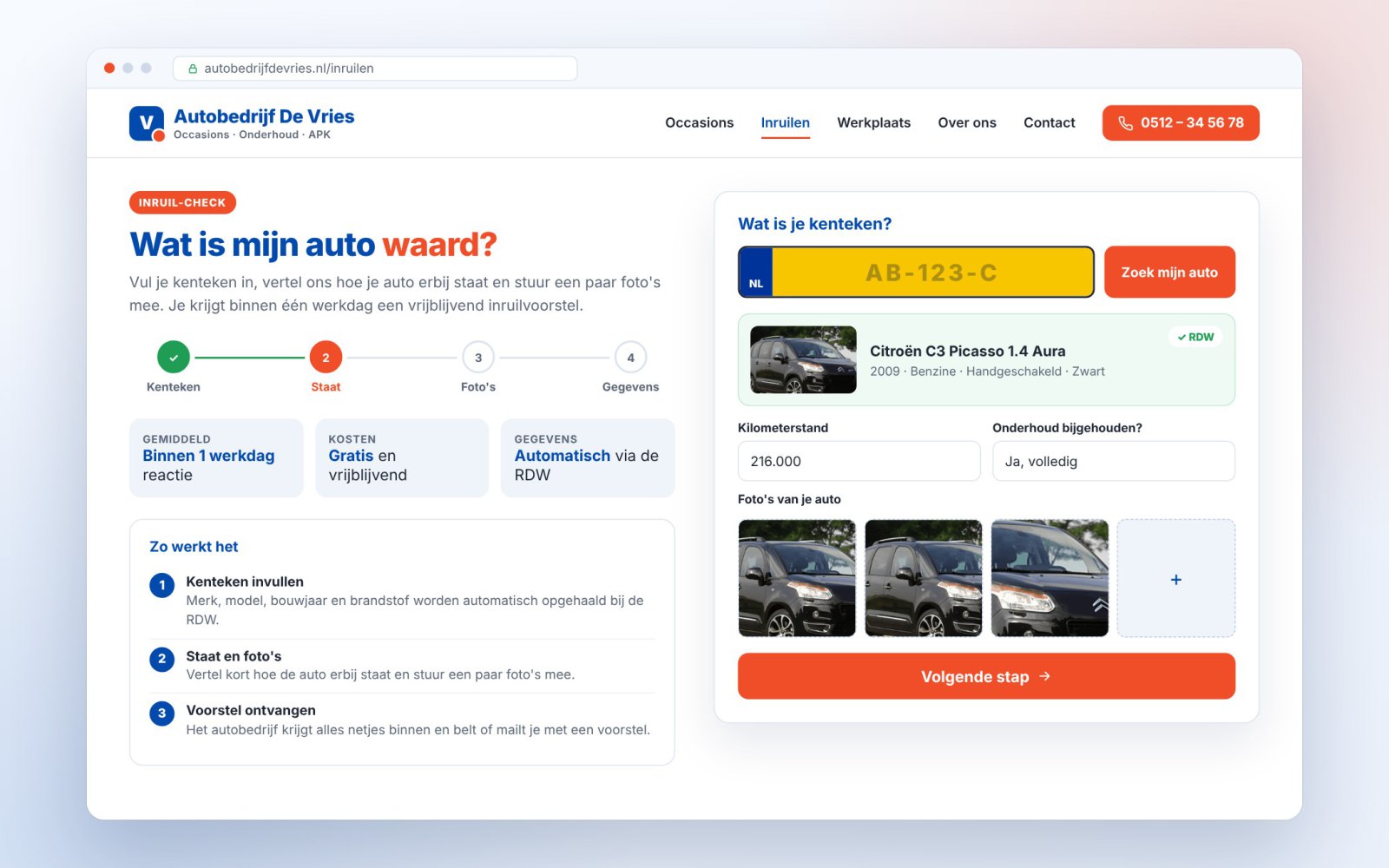 De inruil-check "Wat is mijn auto waard?": de klant vult zijn kenteken in en de auto wordt opgezocht bij de RDW.