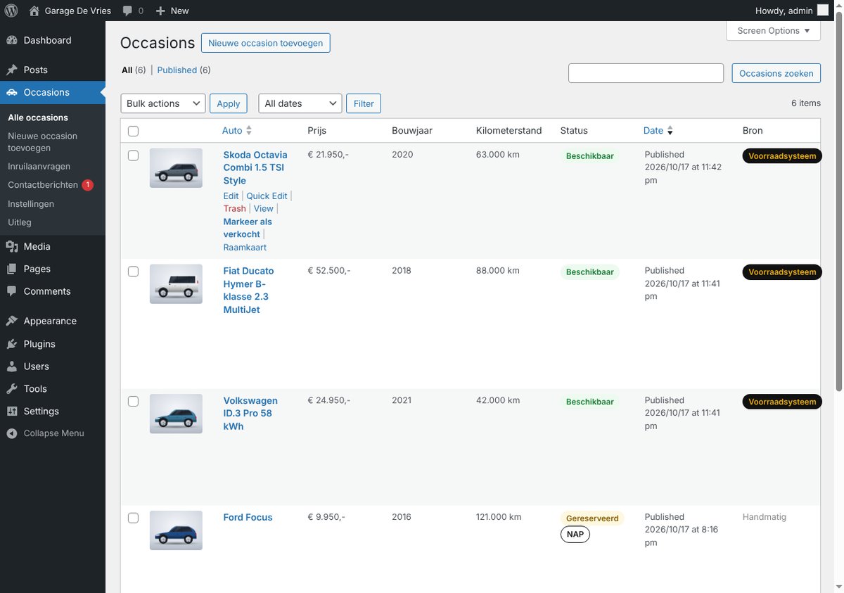 Alle occasions in WordPress, met prijs, status en bron (zelf ingevoerd of uit het voorraadsysteem).
