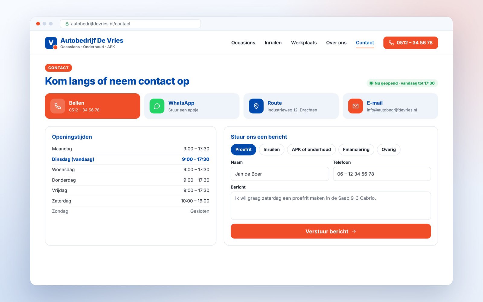 Het contactblok met bellen, WhatsApp, route, openingstijden, "Nu geopend" en een formulier met jouw onderwerpen.